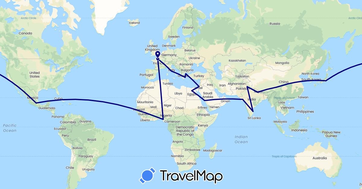TravelMap itinerary: driving in China, Egypt, France, Greece, Israel, India, Italy, Japan, Mexico, Nigeria, Nepal, Saudi Arabia, Vatican City (Africa, Asia, Europe, North America)